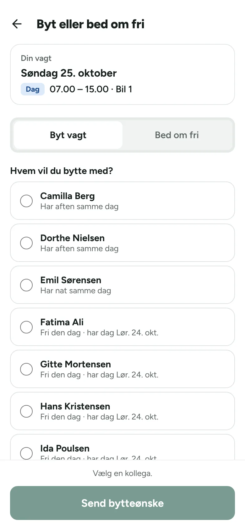 Byt vagt: vælg den kollega, du vil bytte med.