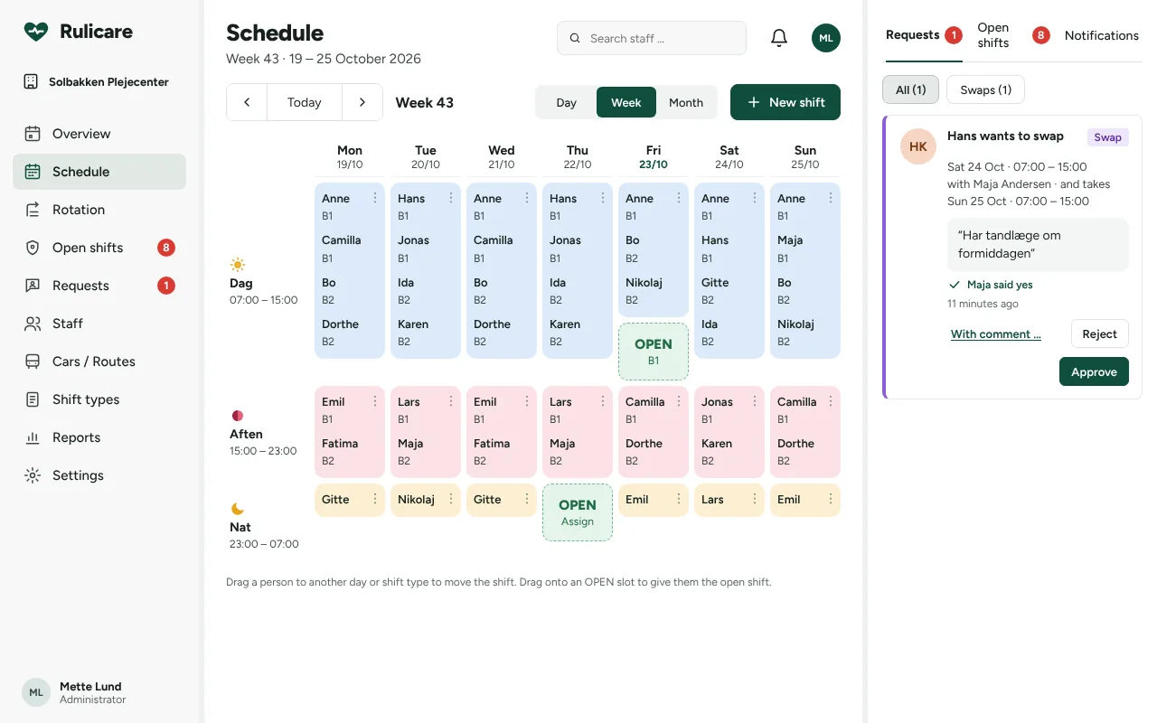 The manager's week schedule with day, evening and night shifts, open shifts and a swap request.