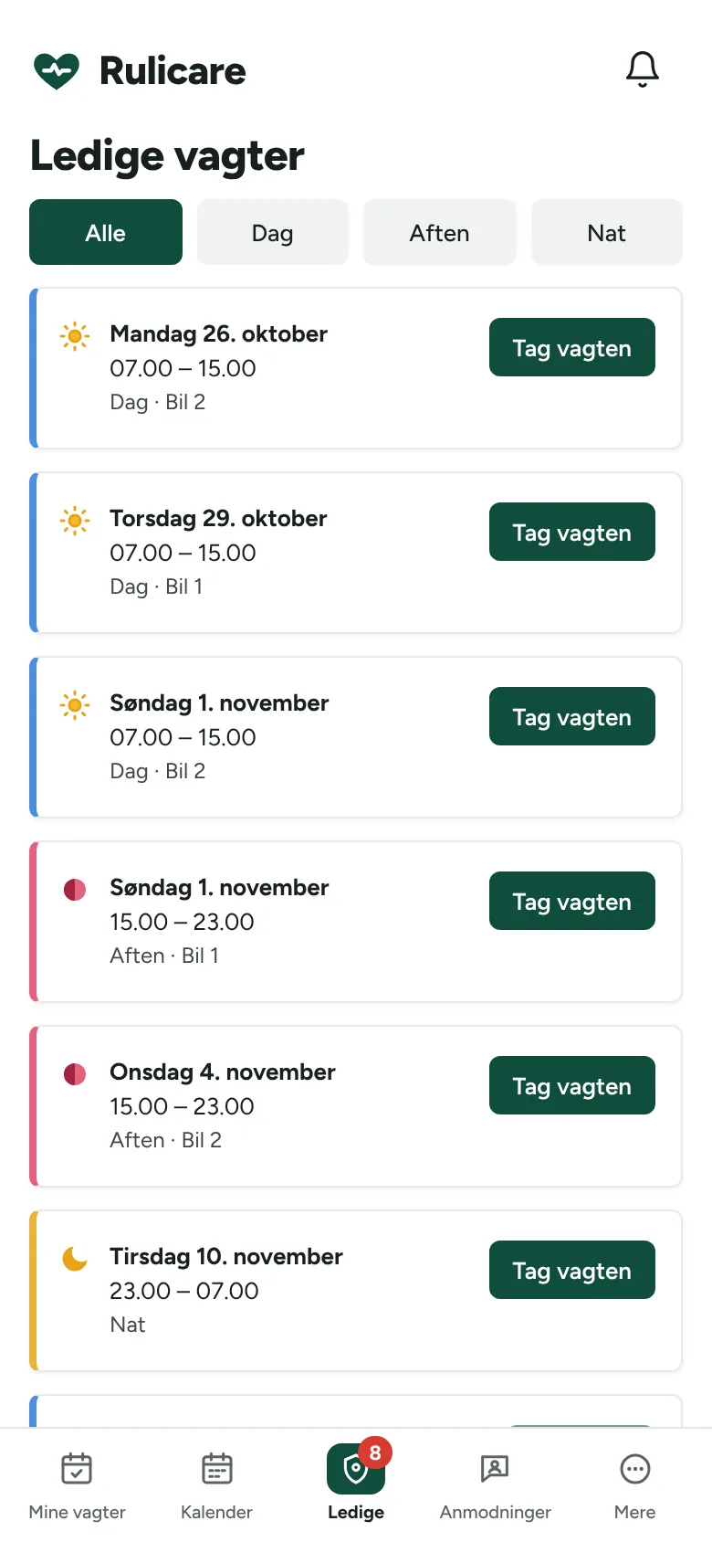 Ledige vagter med knappen Tag vagten.