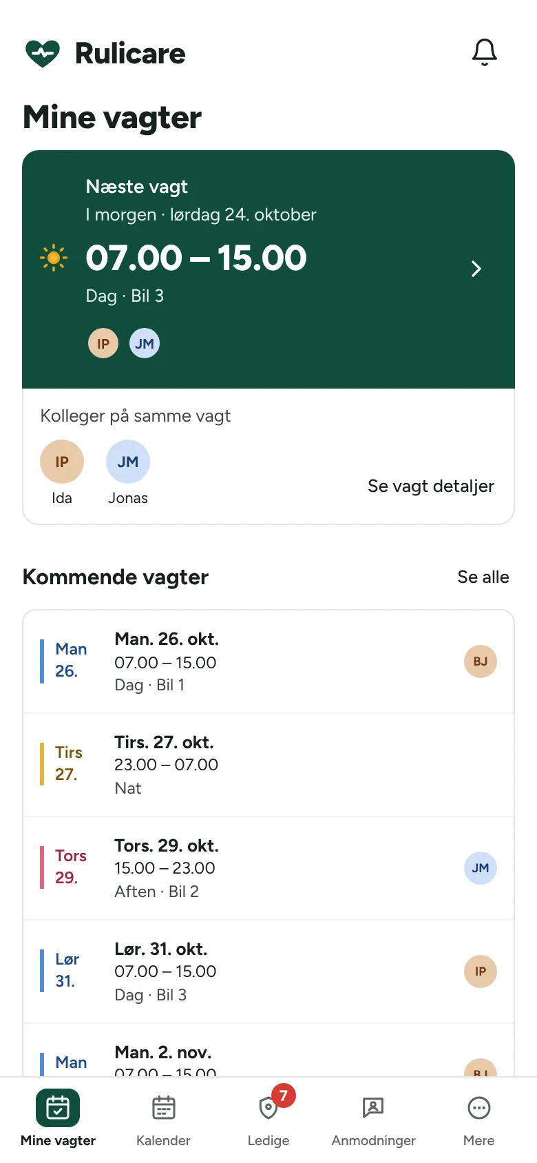 Mine vagter på telefonen: næste vagt, kolleger på samme vagt og kommende vagter.